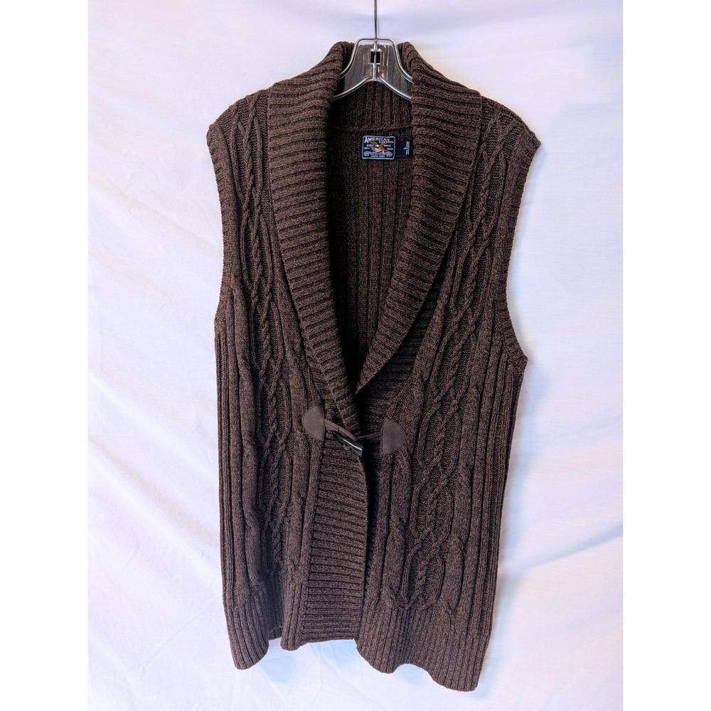 Women's Dark Brown Chunky Cable Knit Sweater Vest Shawl Collar L Coastal Grandma